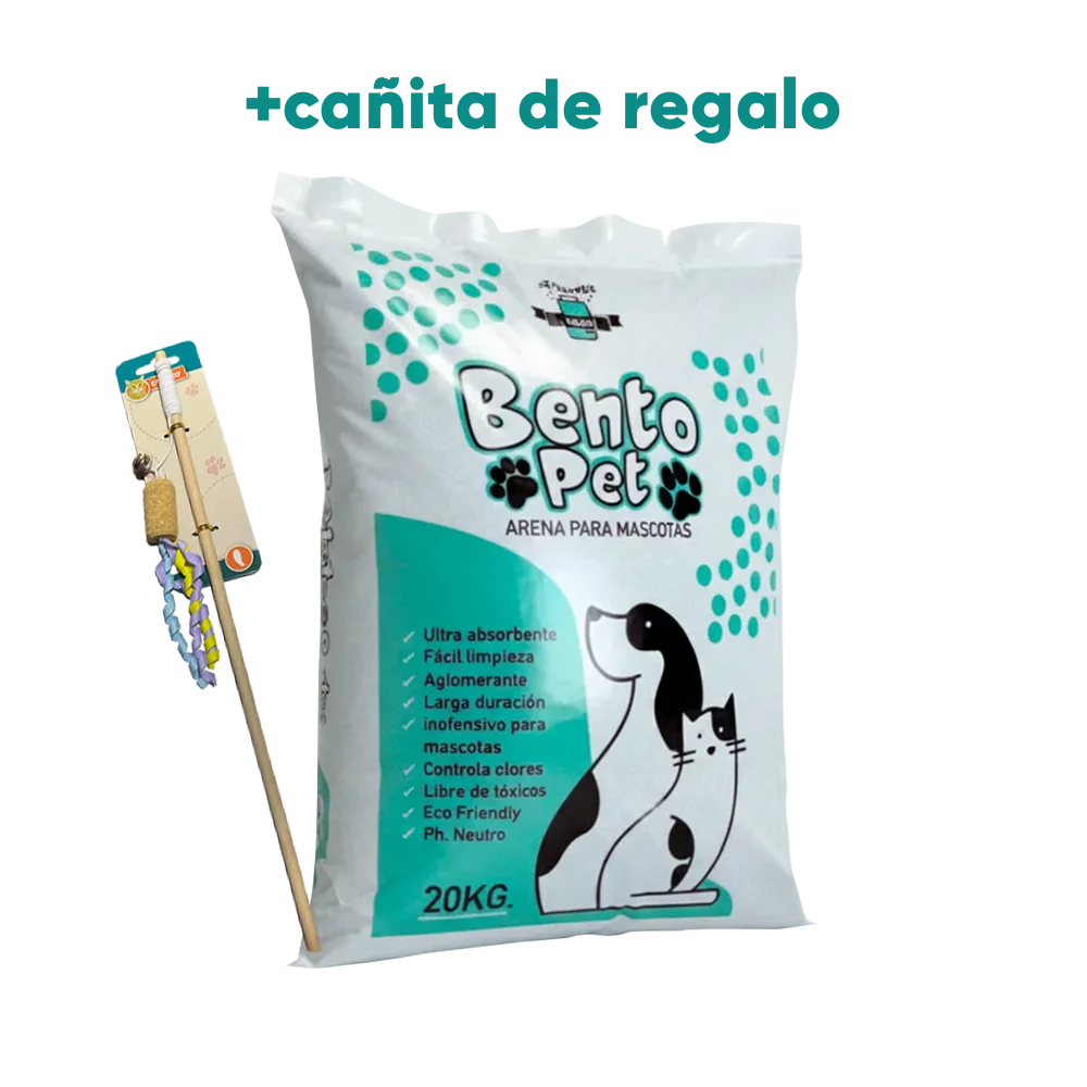 Bolsa blanca con detalles celestes de Bento Pet Arena Sanitaria Talco de Bebé. Una arena de bentonita aglomerante para gatos, en su presentación de 4 kg 