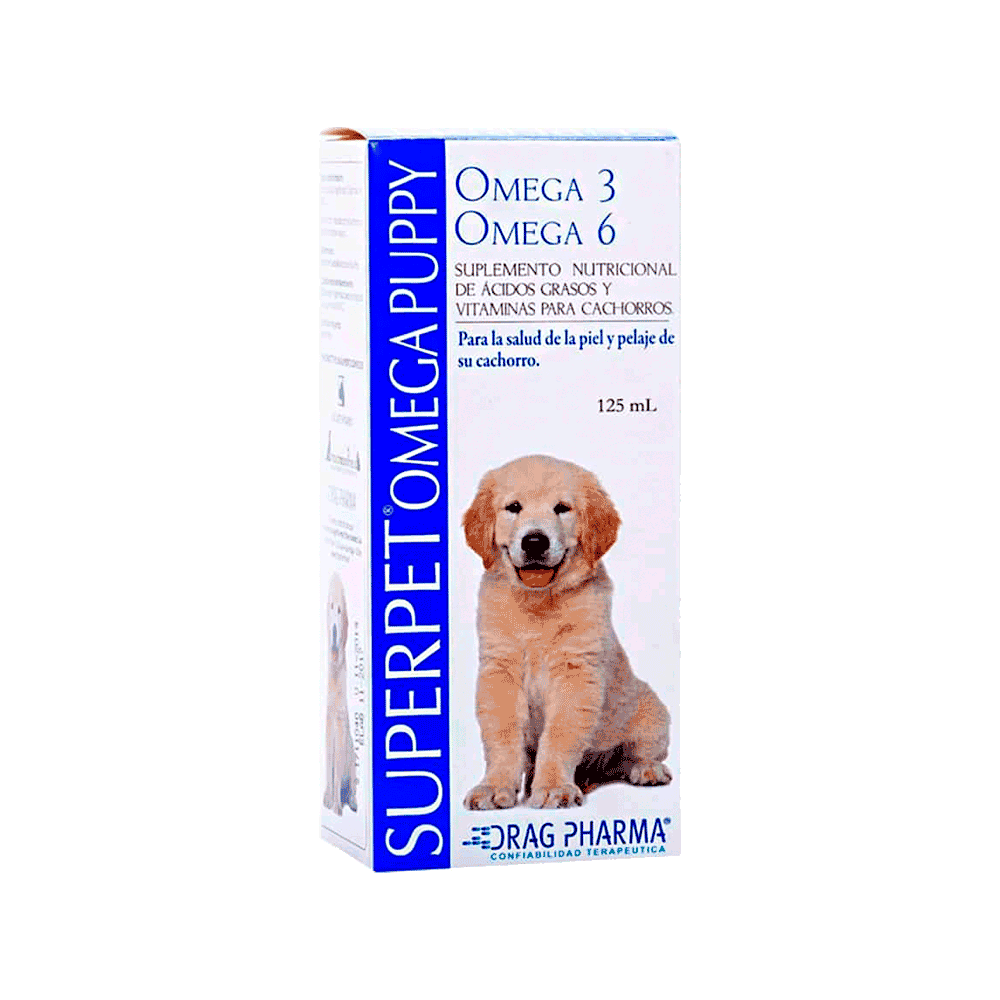 Caja de color blanco detalles azules de Superpet Omega Puppy suplemento para cachorros