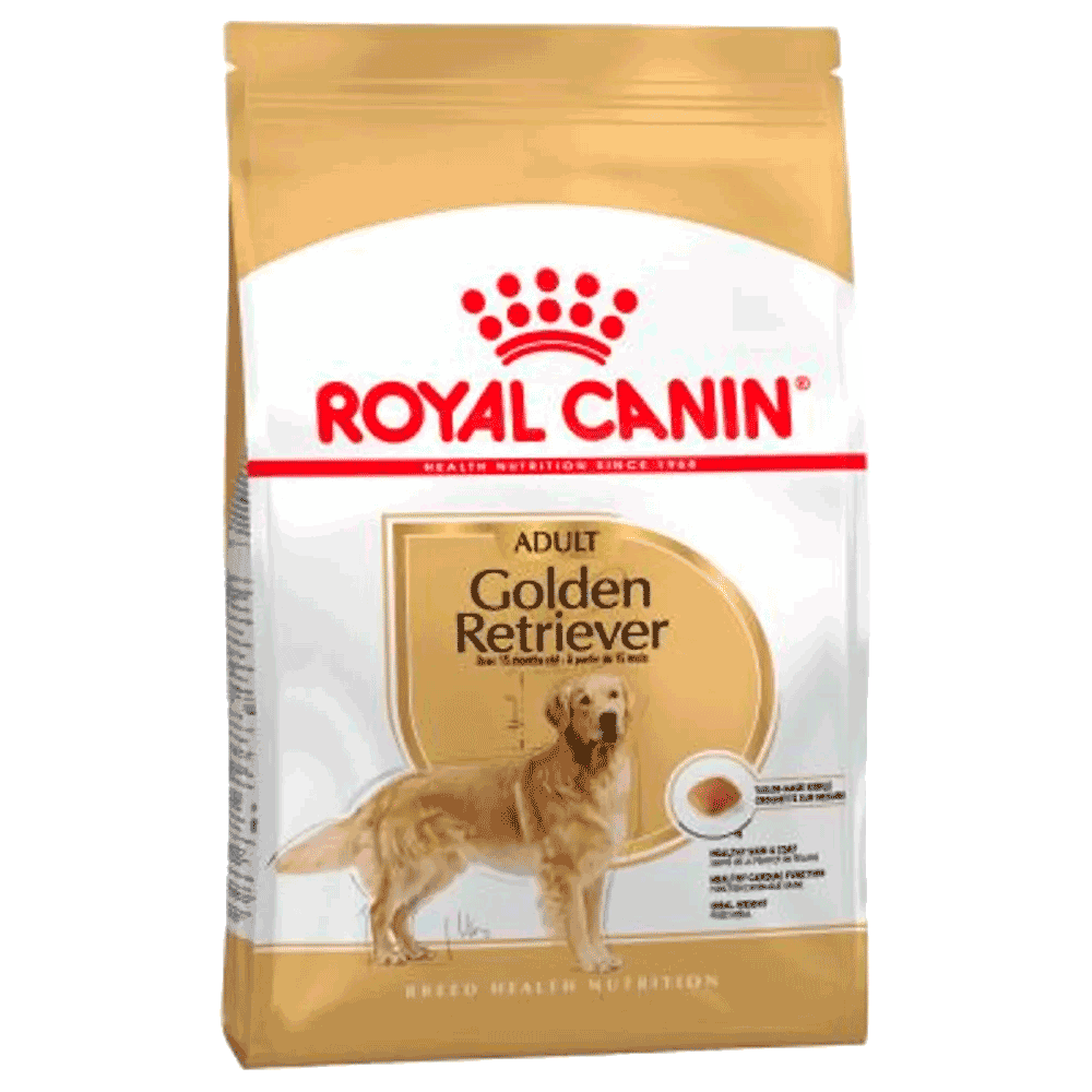 Bolsa blanca y dorada de alimento para perro Royal Canin Golden Retriever Adult