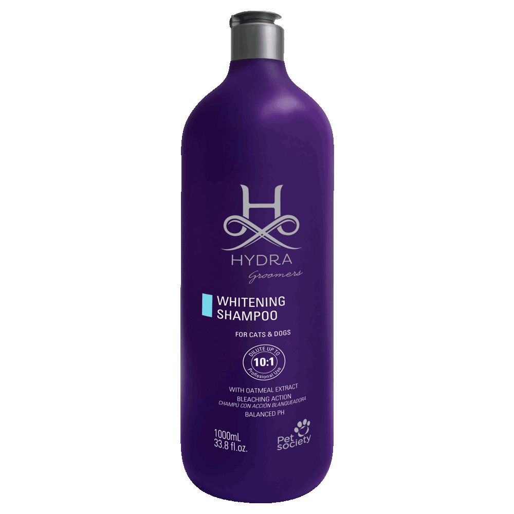 Botella violeta de shampoo para pelajes blancos de Hydra Groomers Whitening Shampoo