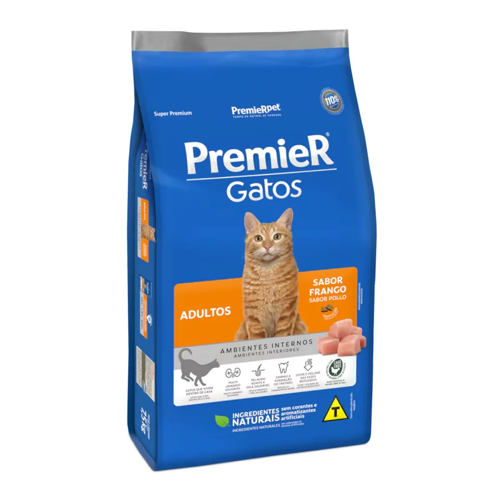 Bolsa azul con detalles blancos y naranjas y un gato naranja en la portada. Es el alimento Premier Gatos Adultos