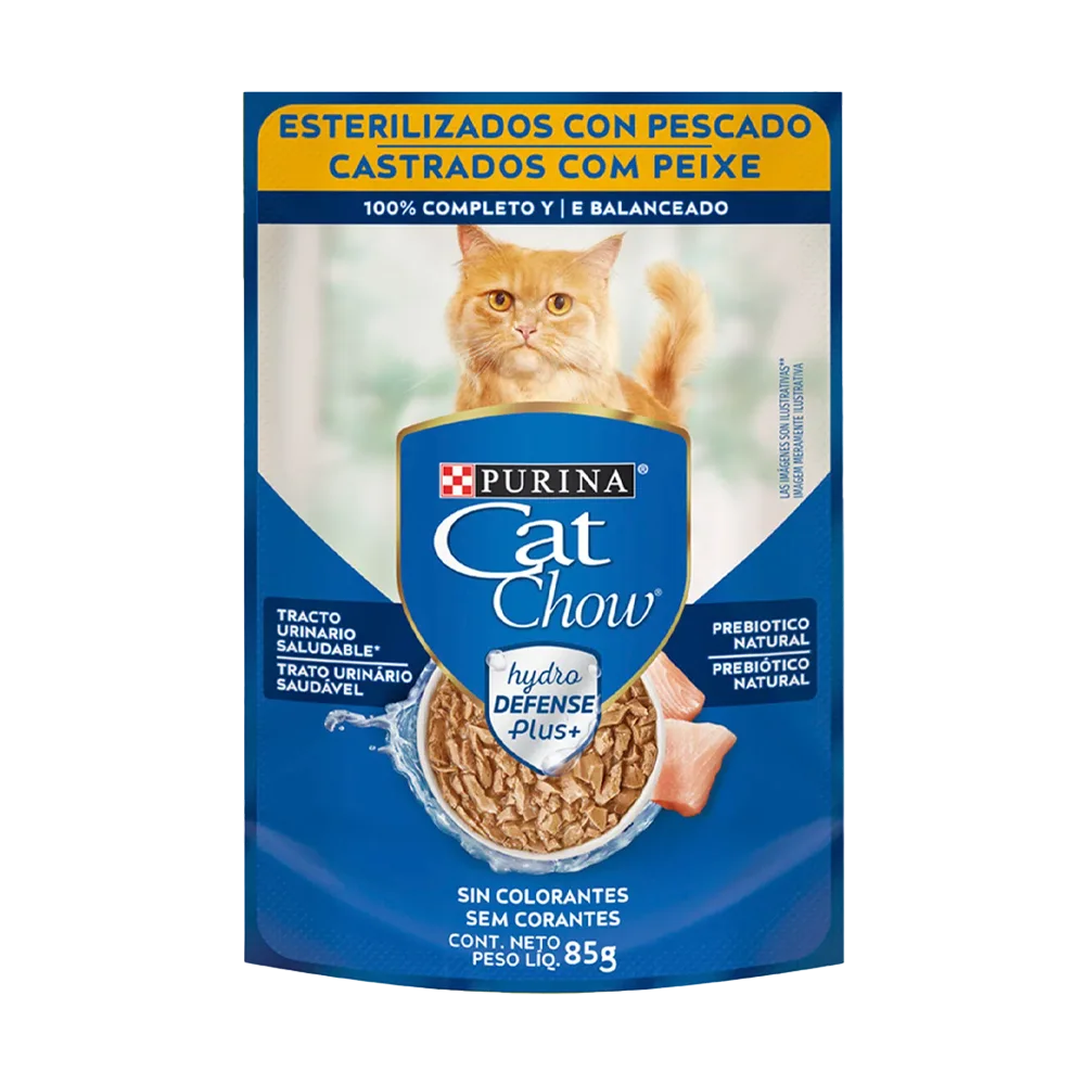 Sobre color azul con detalles azules de Cat Chow Esterilizado Pescado Húmedo, alimento húmedo para gatos castrados o esterilizados sabor pescado